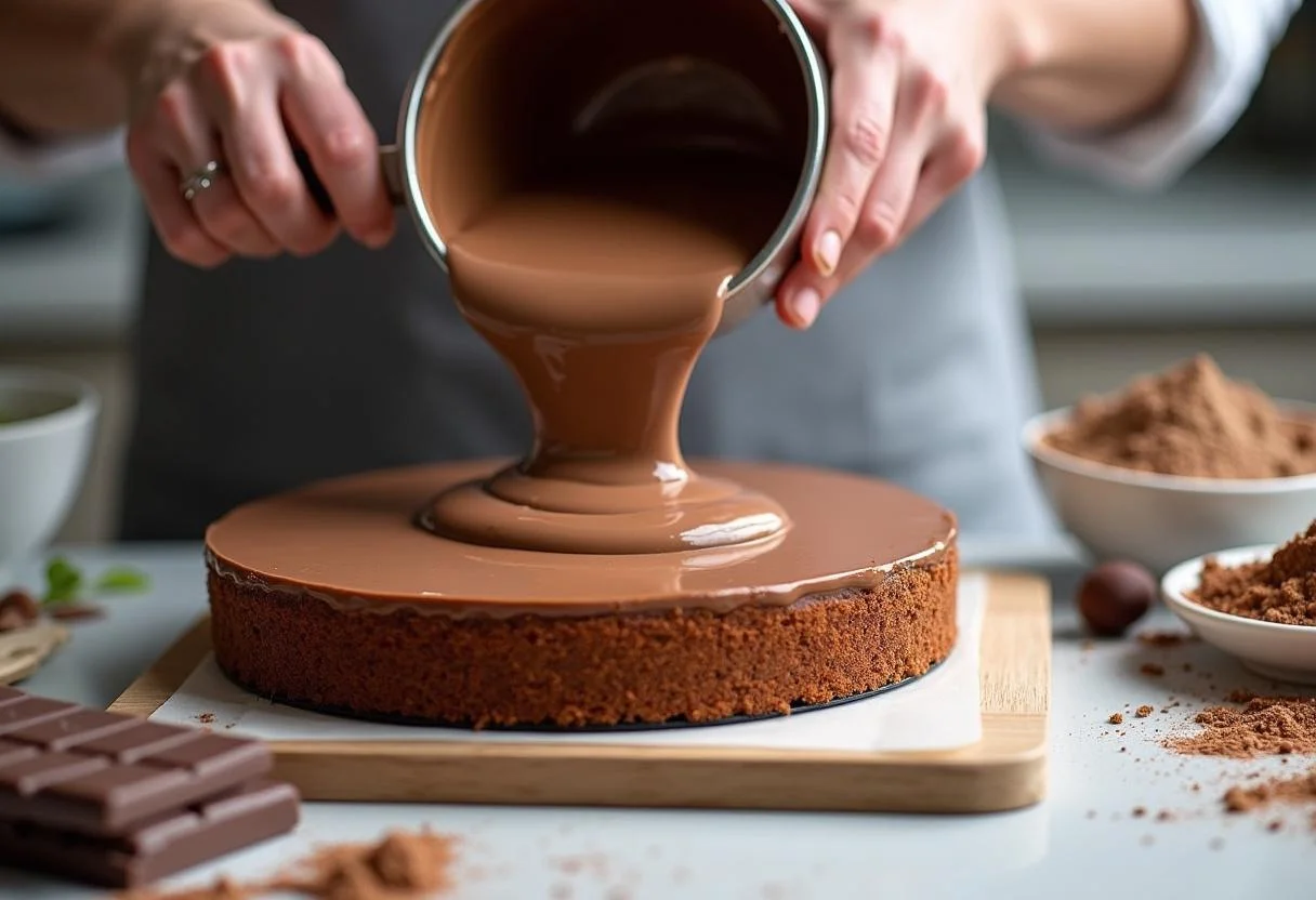 Versement de la mousse au chocolat au lait sur la première couche de l'entremets aux 3 chocolats, dans une cuisine professionnelle bien organisée.
