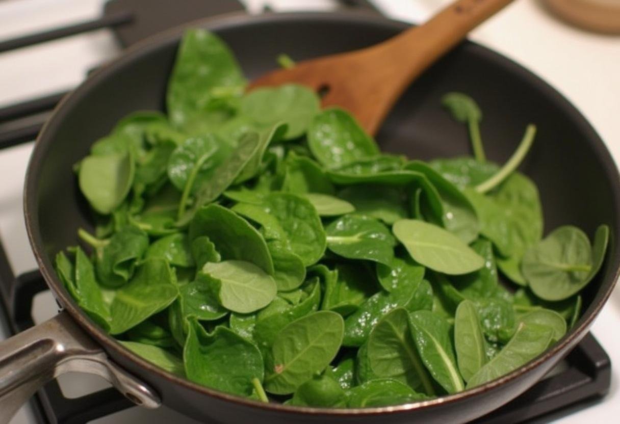 Ajout d'épinards frais dans la poêle avec des oignons pour un plat savoureux d'épinards à la crème.