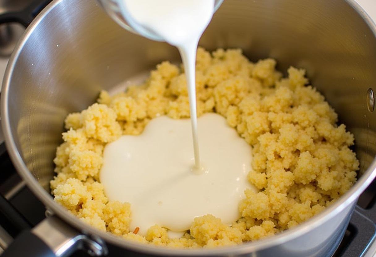 Incorporation de la crème épaisse aux épinards cuisinés pour une recette délicieuse d'épinards frais à la crème.