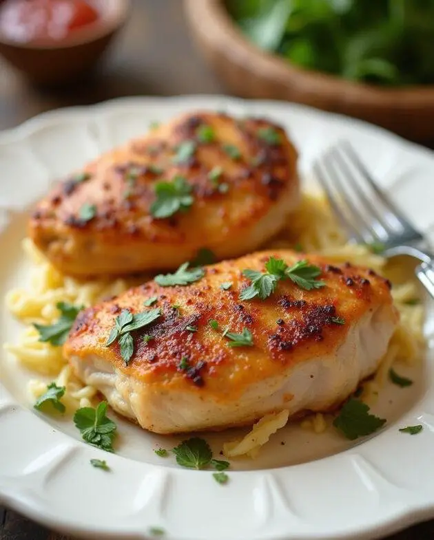 Filet de poulet juteux et tendre au four servi sur une assiette avec des herbes fraîches.