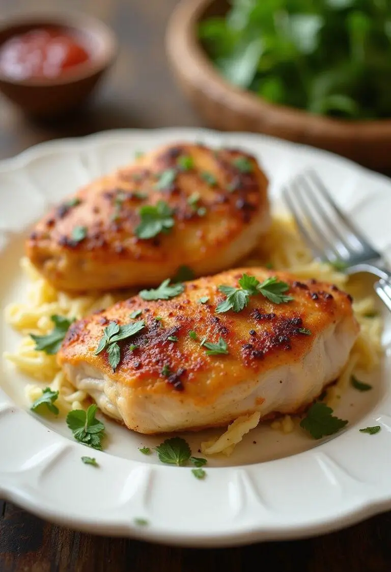 Filet de poulet juteux et tendre au four servi sur une assiette avec des herbes fraĂźches.