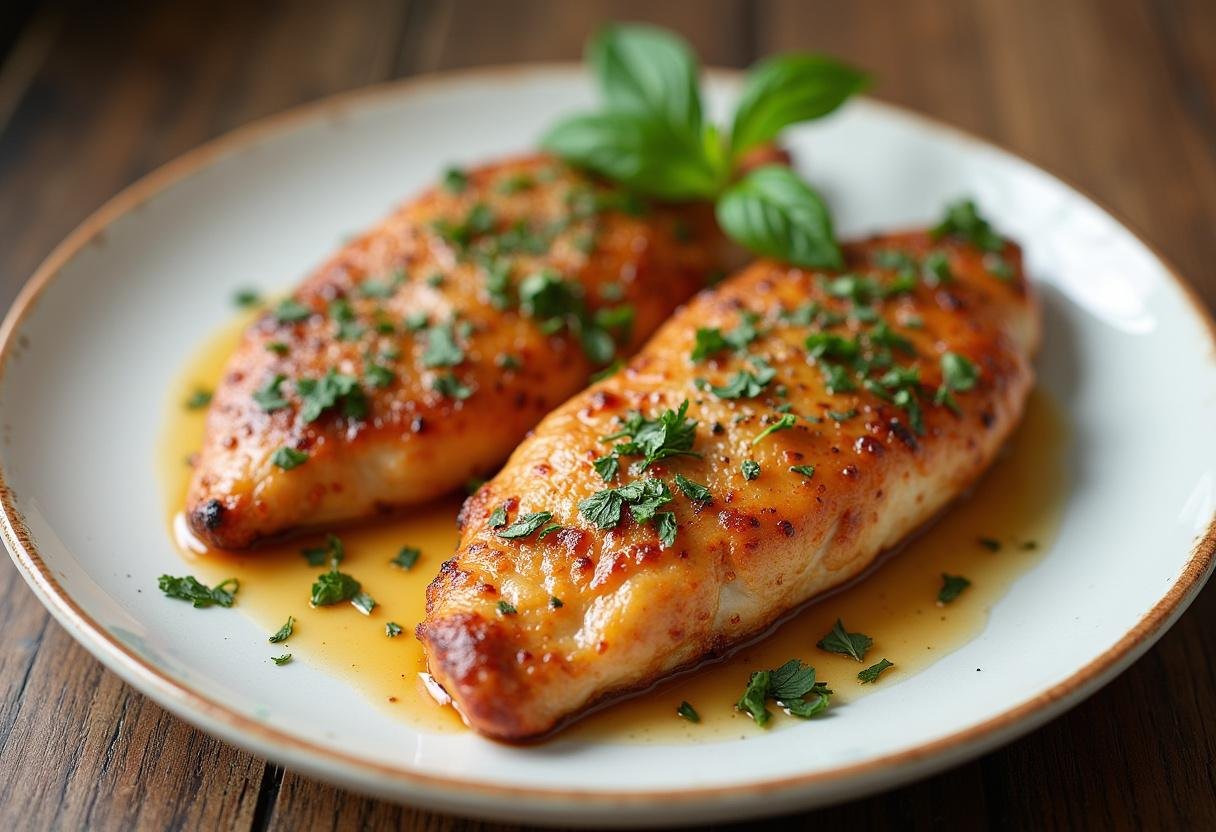 Filet de poulet juteux et tendre au four servi sur une assiette avec des herbes fraĂźches.