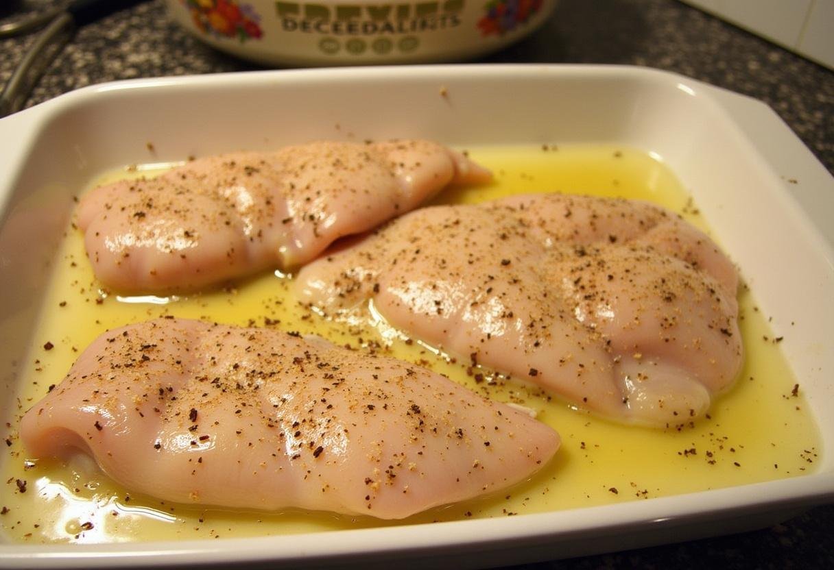 Filets de poulet assaisonnés de sel, poivre et herbes avant la cuisson.