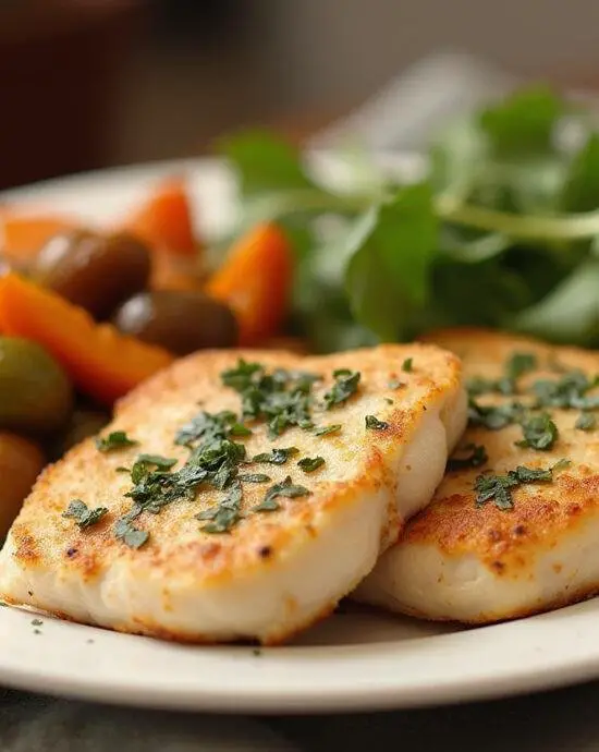Filet de poulet à la poêle simple servi avec des légumes sautés et des herbes fraîches pour une présentation appétissante.