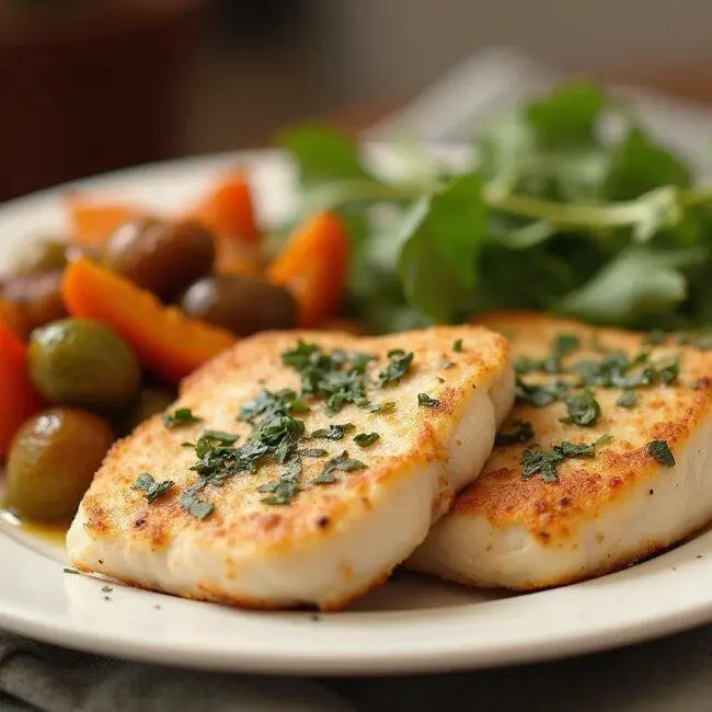 Filet de poulet à la poêle simple servi avec des légumes sautés et des herbes fraîches pour une présentation appétissante.