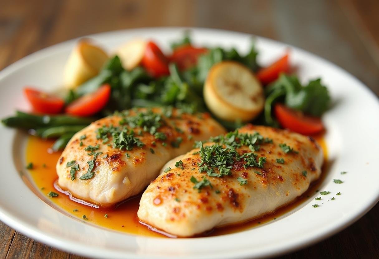 Filet de poulet à la poêle simple servi avec des légumes sautés et des herbes fraîches pour une présentation appétissante.