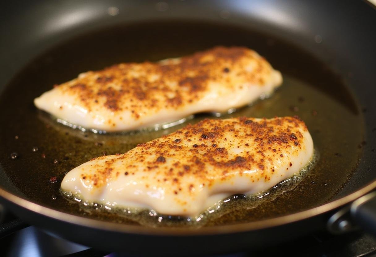 Préparation initiale des filets de poulet à la poêle avec un peu d'huile d'olive qui scintille.