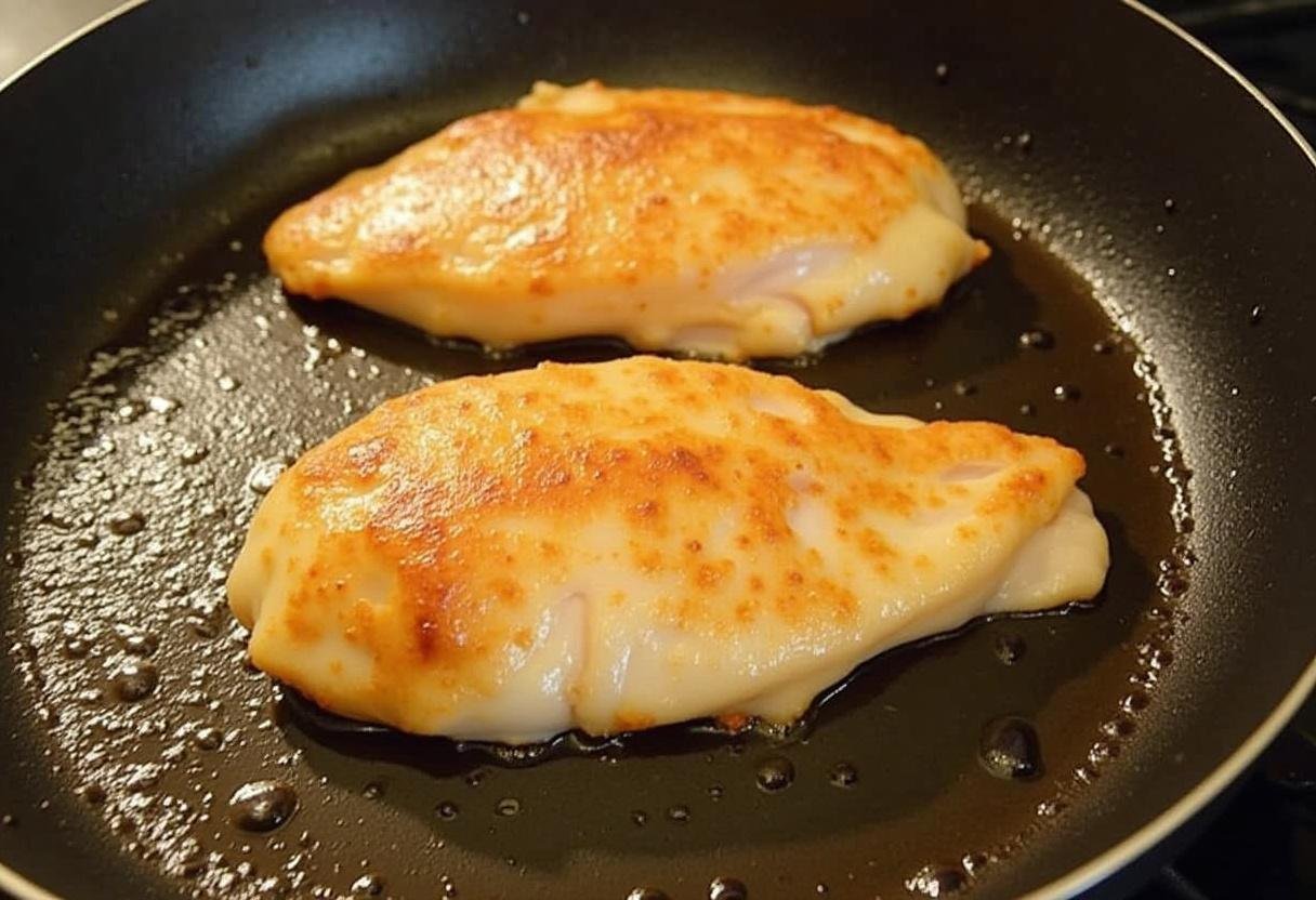 Filets de poulet à la poêle en train de cuire, montrant une belle couleur dorée sur chaque face.