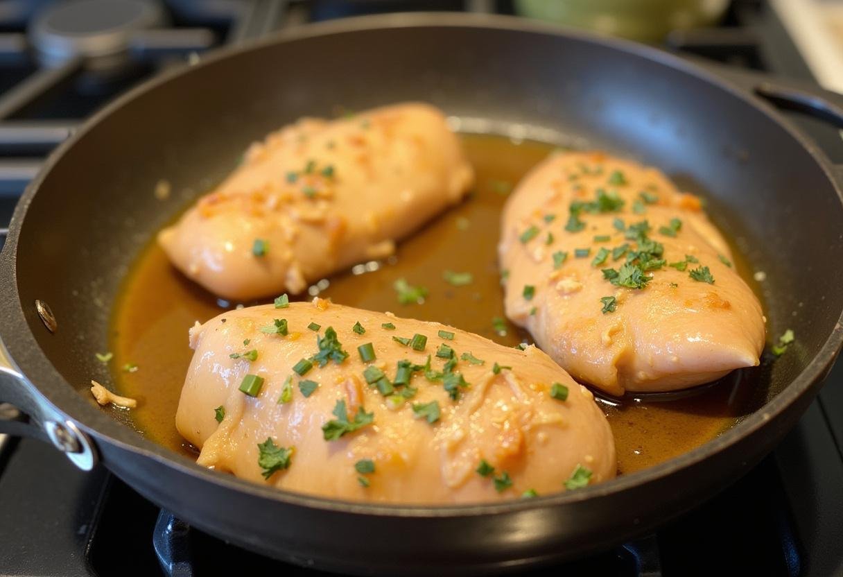 Ajout du bouillon de poulet dans la poêle pour cuire les aiguillettes de poulet à la vapeur.