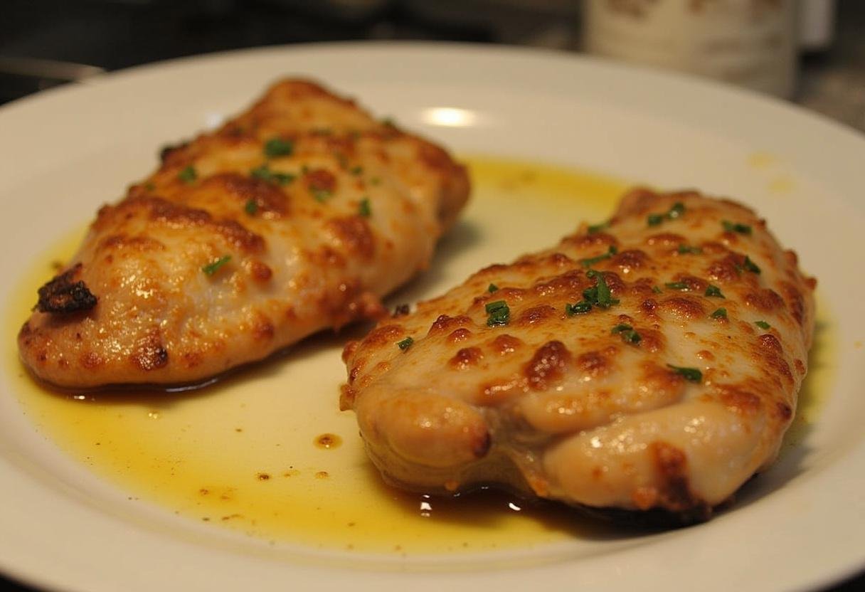 Filets de poulet à la poêle reposant sur une assiette avec les jus de cuisson parfumés versés dessus.