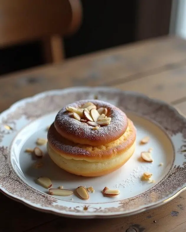 Financier moelleux aux amandes servi sur une assiette en porcelaine décorative, garni de sucre glace et d'amandes effilées sur une table en bois rustique.