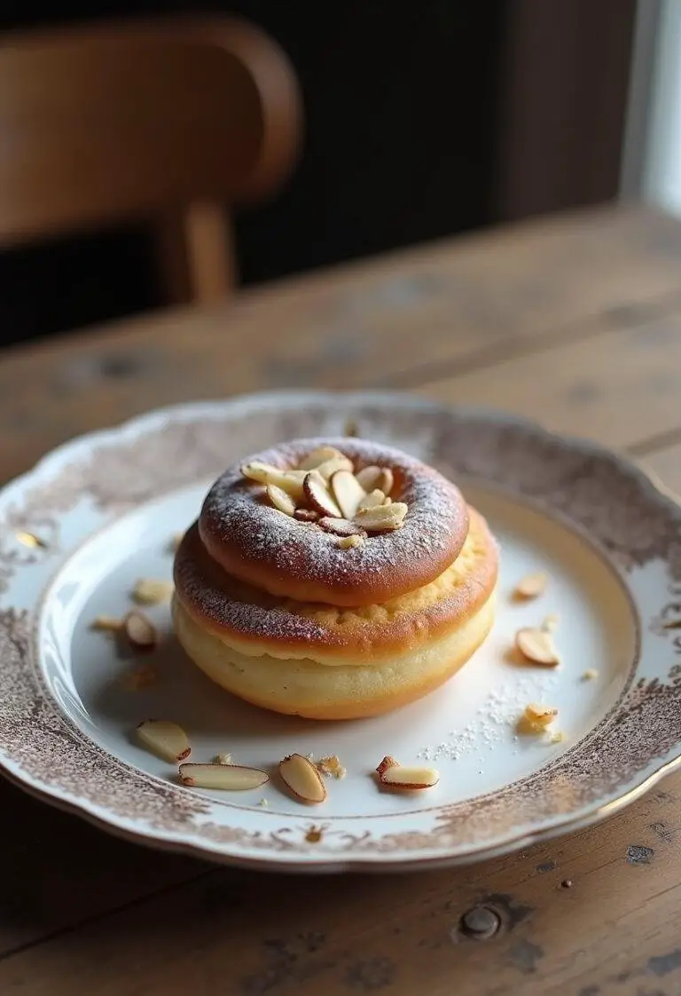 Financier moelleux aux amandes servi sur une assiette en porcelaine décorative, garni de sucre glace et d'amandes effilées sur une table en bois rustique.