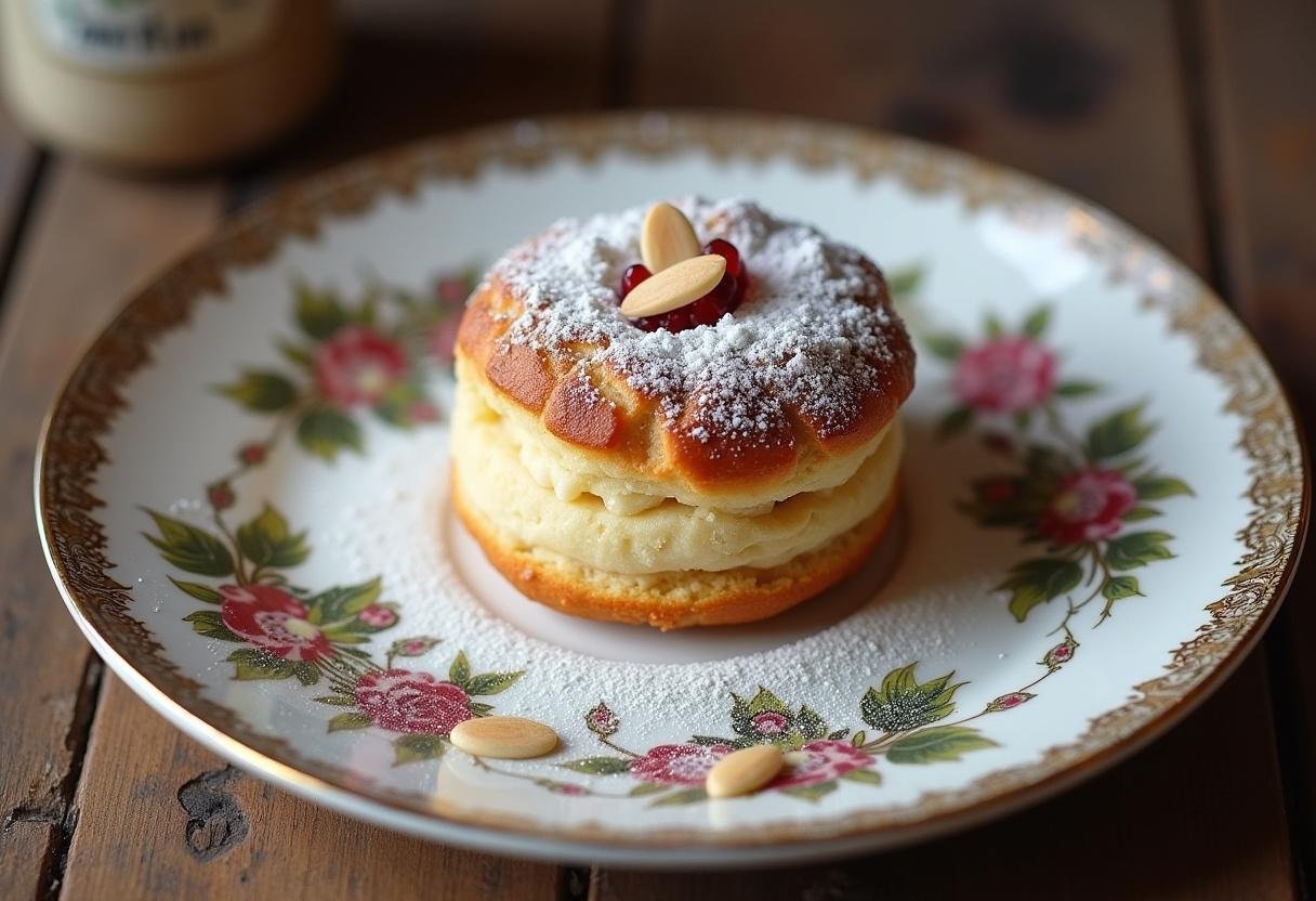 Financier moelleux aux amandes servi sur une assiette en porcelaine décorative, garni de sucre glace et d'amandes effilées sur une table en bois rustique.