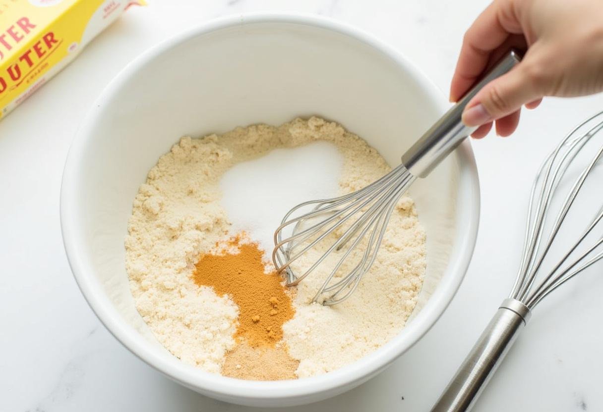 Préparation de la pâte pour le financier moelleux aux amandes avec de la farine d'amande, du sucre et une touche de sel sur un plan de travail blanc.