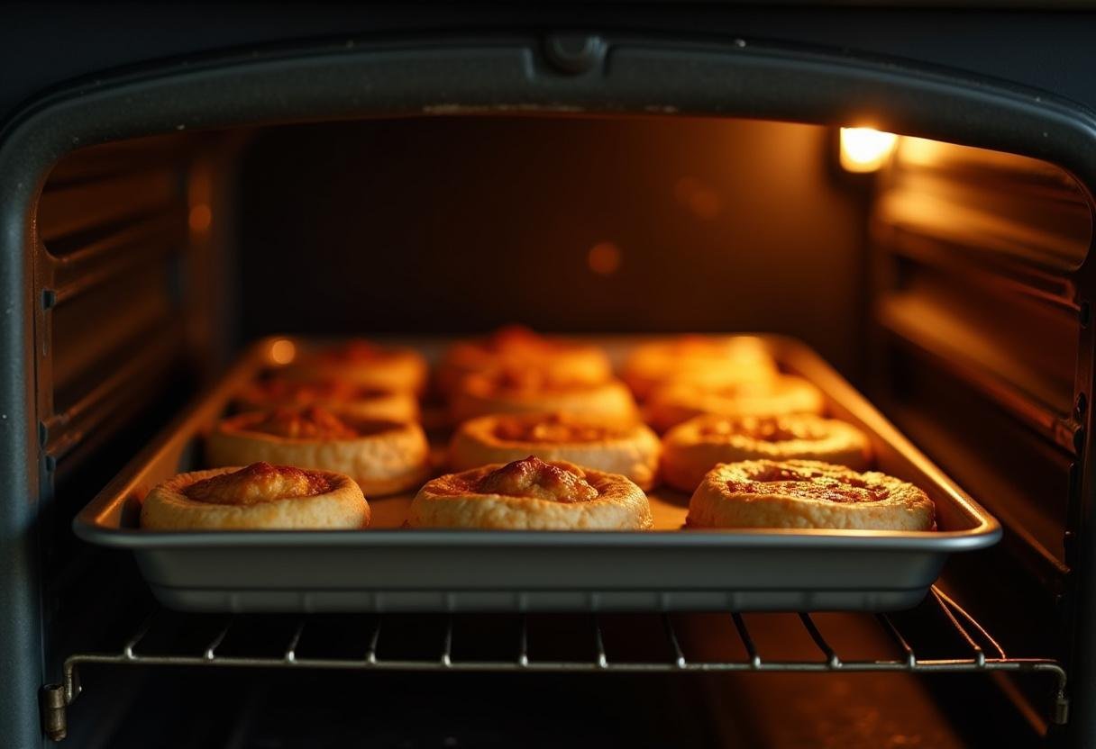 Des financiers moelleux aux amandes dorés en train de cuire dans un four, avec une plaque accueillant un nouveau gâteau en cuisson.