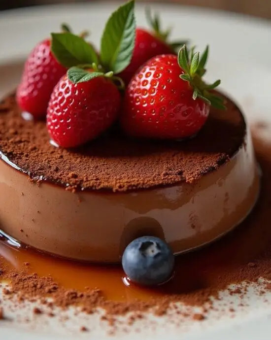 Flan pâtissier au chocolat crémeux, joliment présenté sur une assiette avec des baies fraîches et un saupoudrage de cacao.