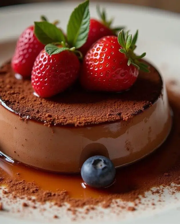Flan pâtissier au chocolat crémeux, joliment présenté sur une assiette avec des baies fraîches et un saupoudrage de cacao.