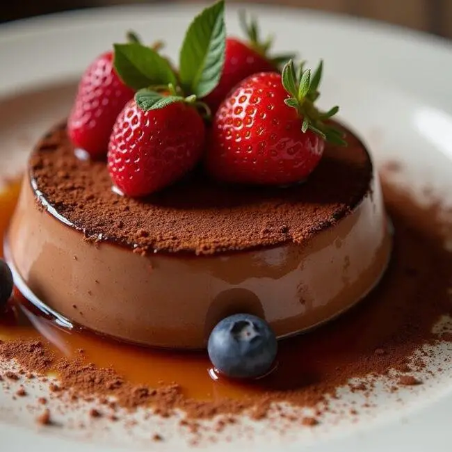 Flan pâtissier au chocolat crémeux, joliment présenté sur une assiette avec des baies fraîches et un saupoudrage de cacao.