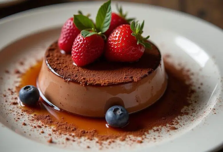 Flan pâtissier au chocolat crémeux, joliment présenté sur une assiette avec des baies fraîches et un saupoudrage de cacao.