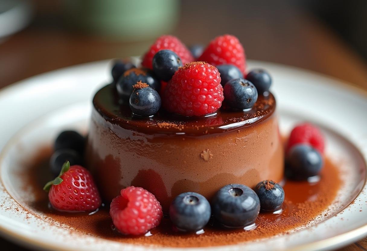Flan pâtissier au chocolat crémeux, joliment présenté sur une assiette avec des baies fraîches et un saupoudrage de cacao.