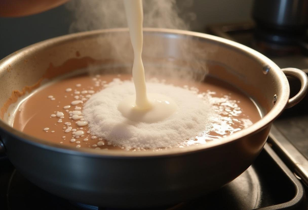 Préparation d'un flan au chocolat avec un mélange de lait et de sucre qui chauffe dans une casserole.