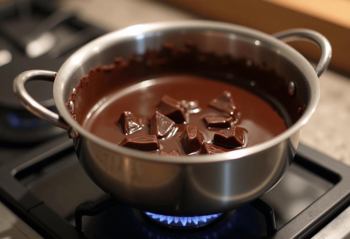 Fondre le chocolat pour le flan au chocolat crémeux dans une petite casserole, créant une texture lisse.