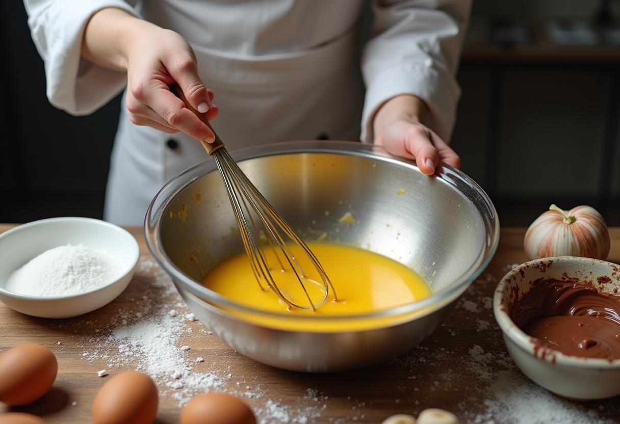 Mélange d'œufs et de fécule de maïs pour la préparation d'un flan au chocolat crémeux.