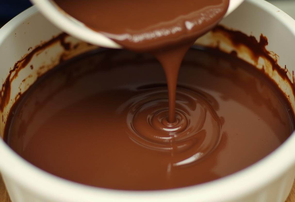 Verser le mélange de chocolat dans un plat de cuisson pour le flan au chocolat prêt à cuire.