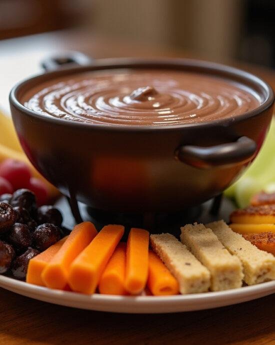 Bol de fondue au chocolat parfaitement fondu avec une variété de fruits et douceurs autour, illustrant une ambiance conviviale.