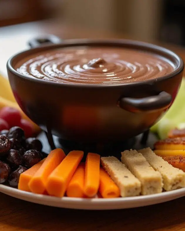 Bol de fondue au chocolat parfaitement fondu avec une variété de fruits et douceurs autour, illustrant une ambiance conviviale.
