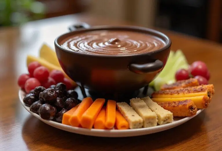 Bol de fondue au chocolat parfaitement fondu avec une variété de fruits et douceurs autour, illustrant une ambiance conviviale.