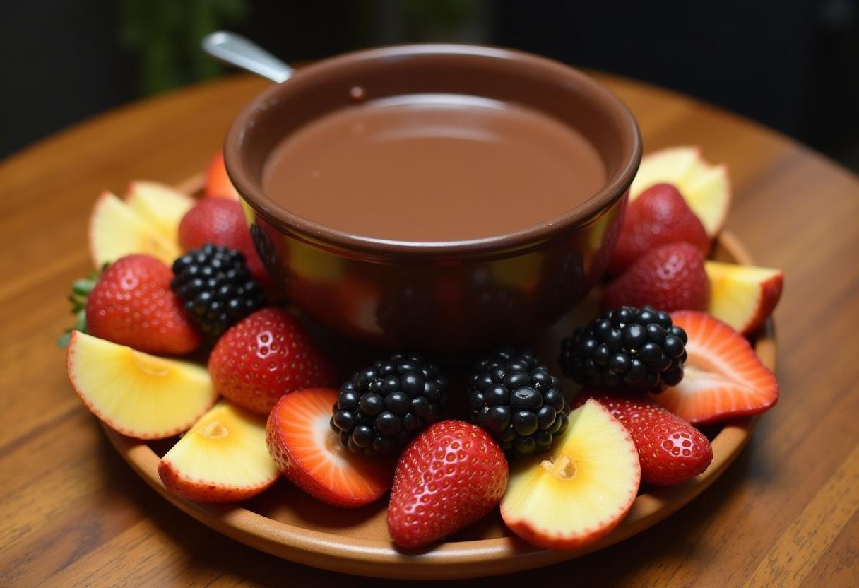 Bol de fondue au chocolat parfaitement fondu avec une variété de fruits et douceurs autour, illustrant une ambiance conviviale.