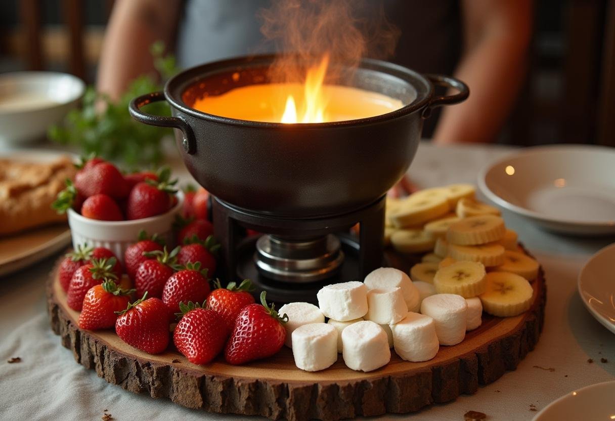 Mise en place de la fondue au chocolat avec un pot chauffé et des fruits frais et marshmallows autour.