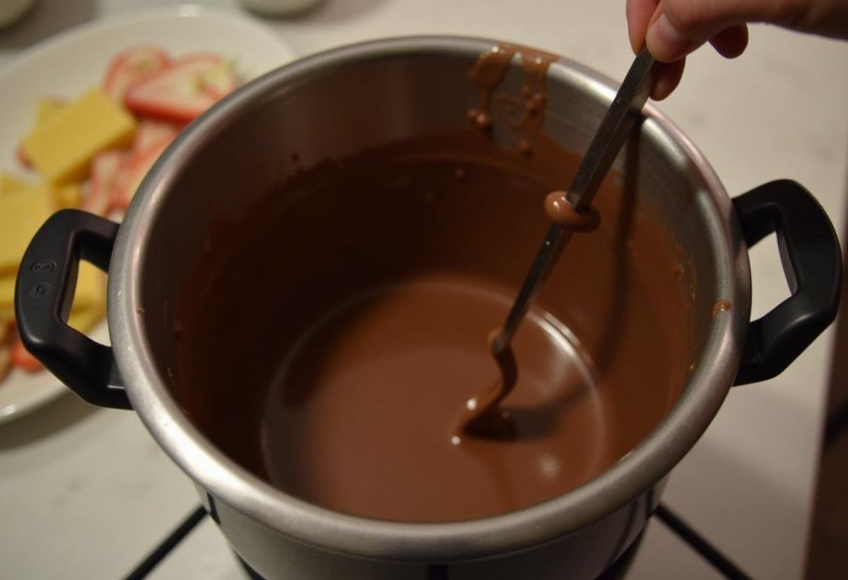 Chocolat noir fondu dans le pot de fondue au chocolat, préparé pour être dégusté avec des fruits et des douceurs.