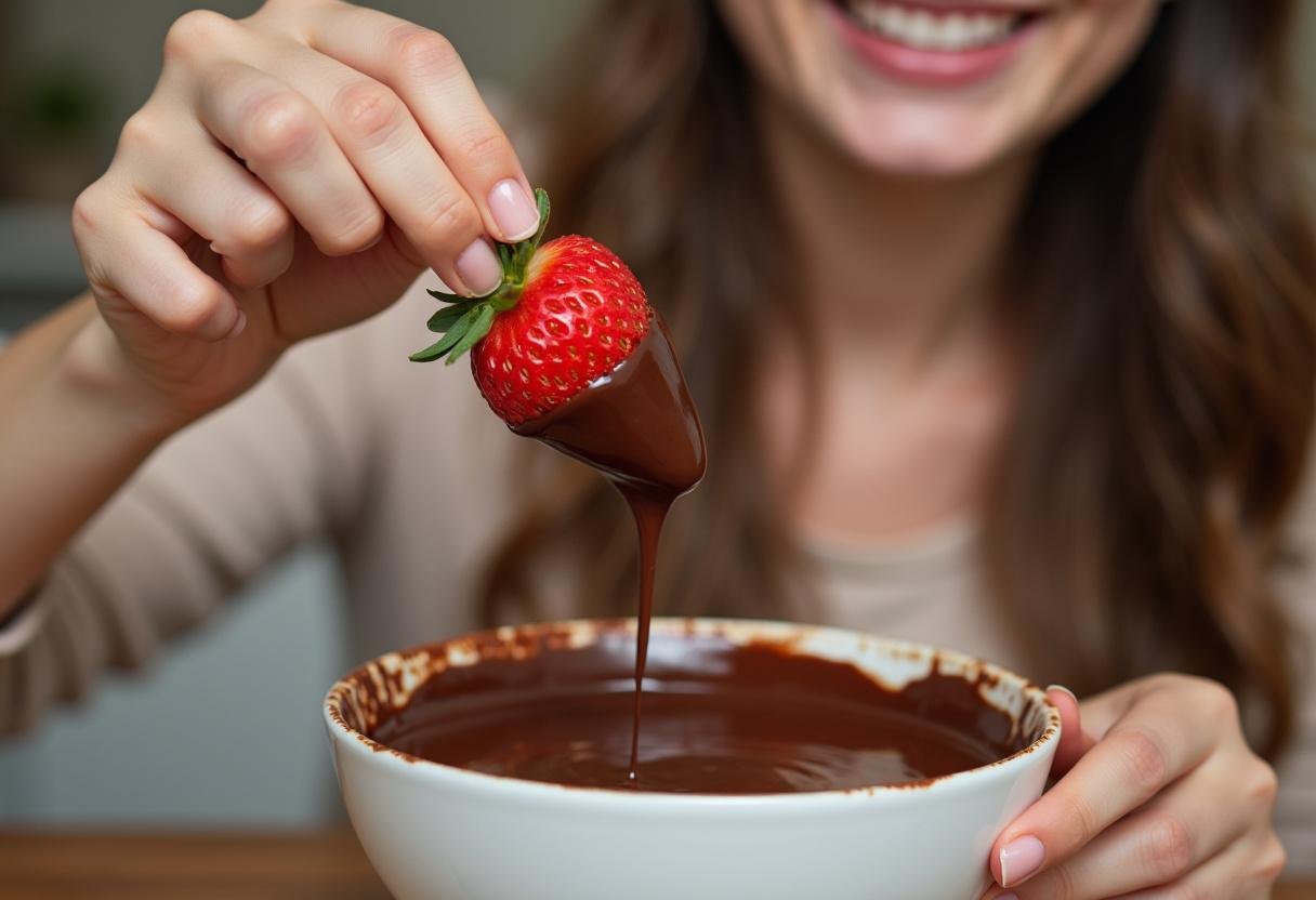 Personne trempant une fraise dans une fondue au chocolat, illustrant le plaisir de cette délicieuse activité culinaire.