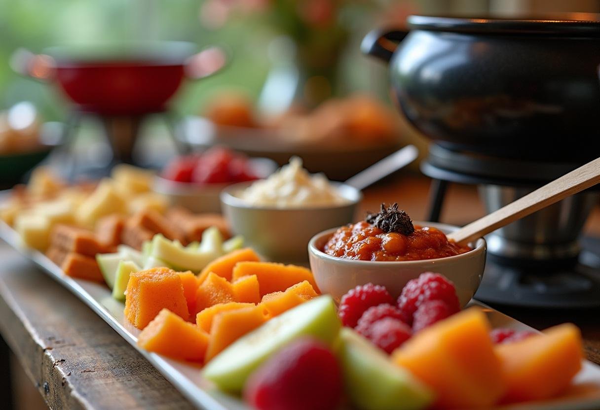 Assortiment de fruits frais et douceurs à côté de la fondue au chocolat, prêt à être dégusté lors d'une soirée conviviale.