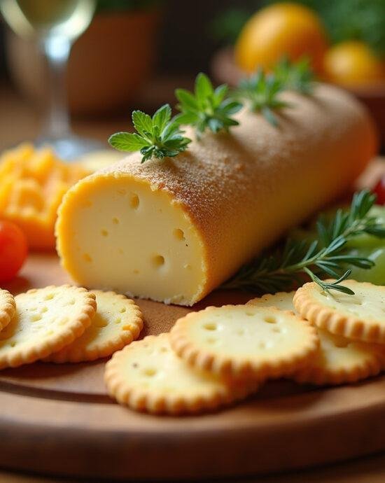 Présentation de fromage ail et fines herbes en tranches sur une planche à fromage avec des crackers et des légumes frais.