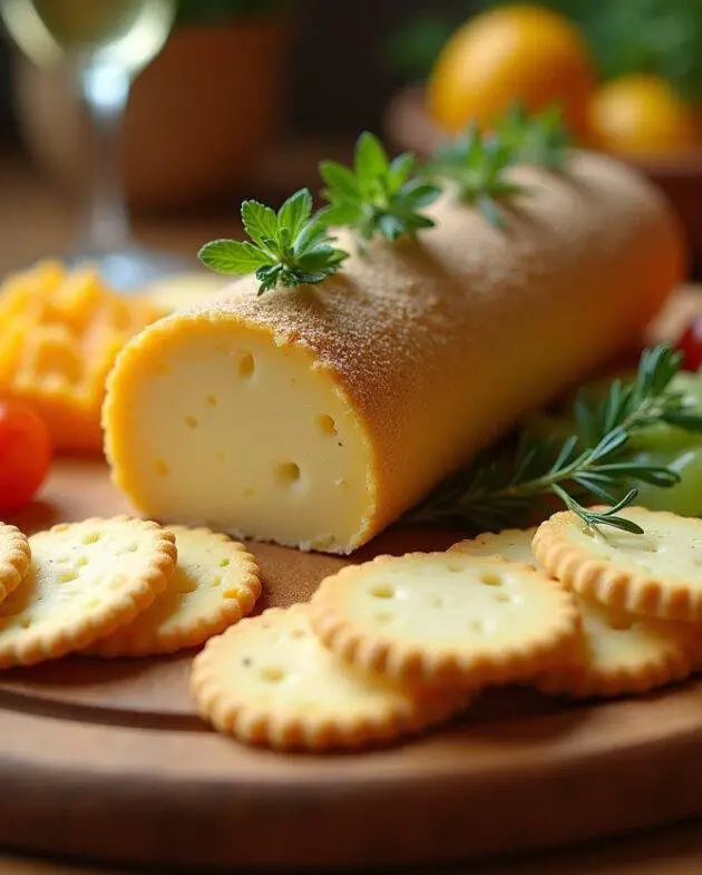 Présentation de fromage ail et fines herbes en tranches sur une planche à fromage avec des crackers et des légumes frais.