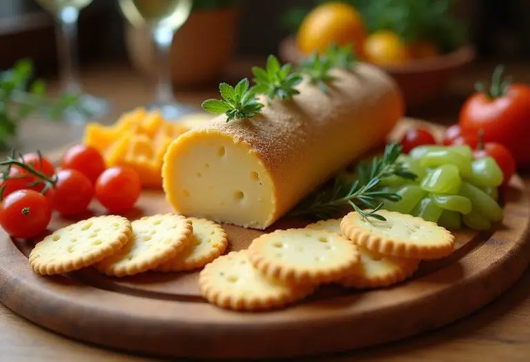 Présentation de fromage ail et fines herbes en tranches sur une planche à fromage avec des crackers et des légumes frais.