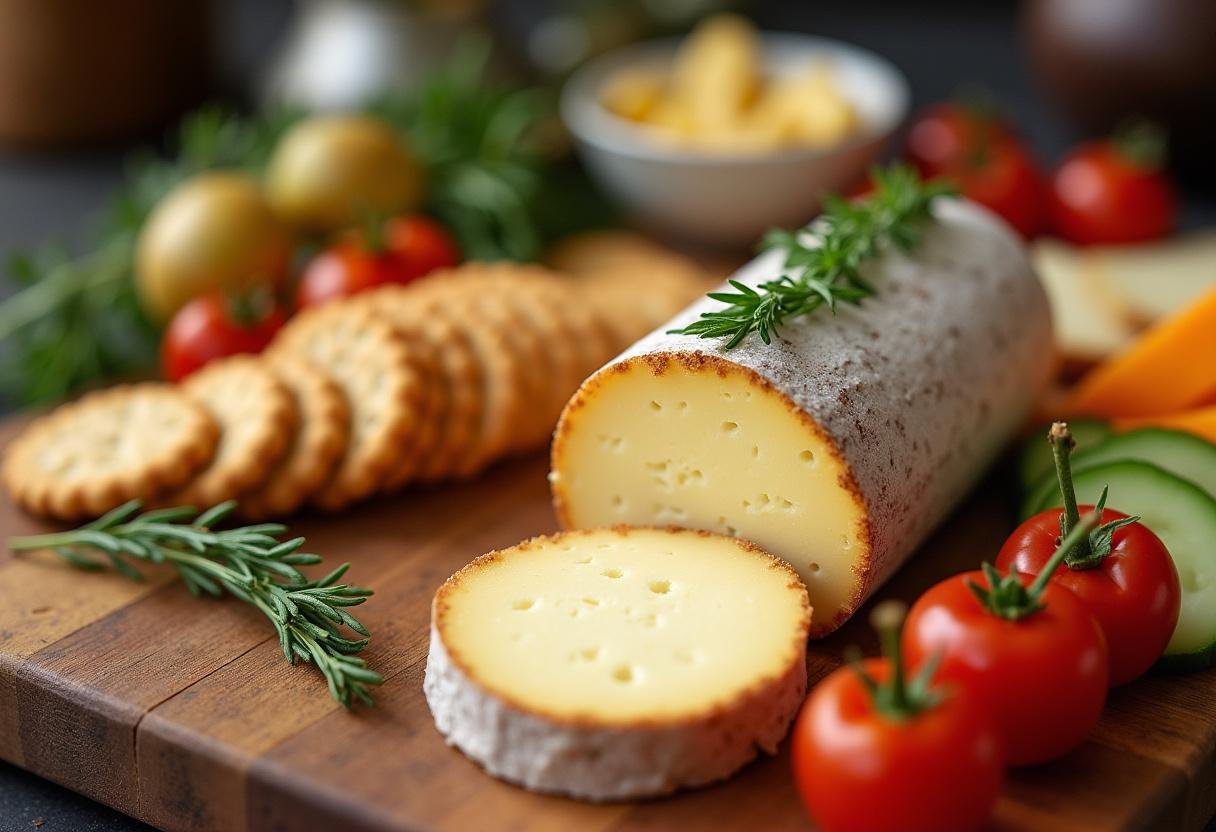 Présentation de fromage ail et fines herbes en tranches sur une planche à fromage avec des crackers et des légumes frais.