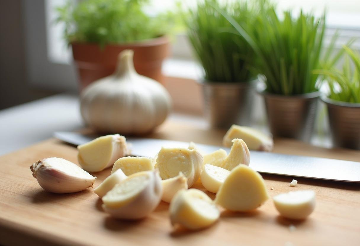 Préparation d'ail frais pour le fromage ail et fines herbes avec des herbes fraîches en arrière-plan.