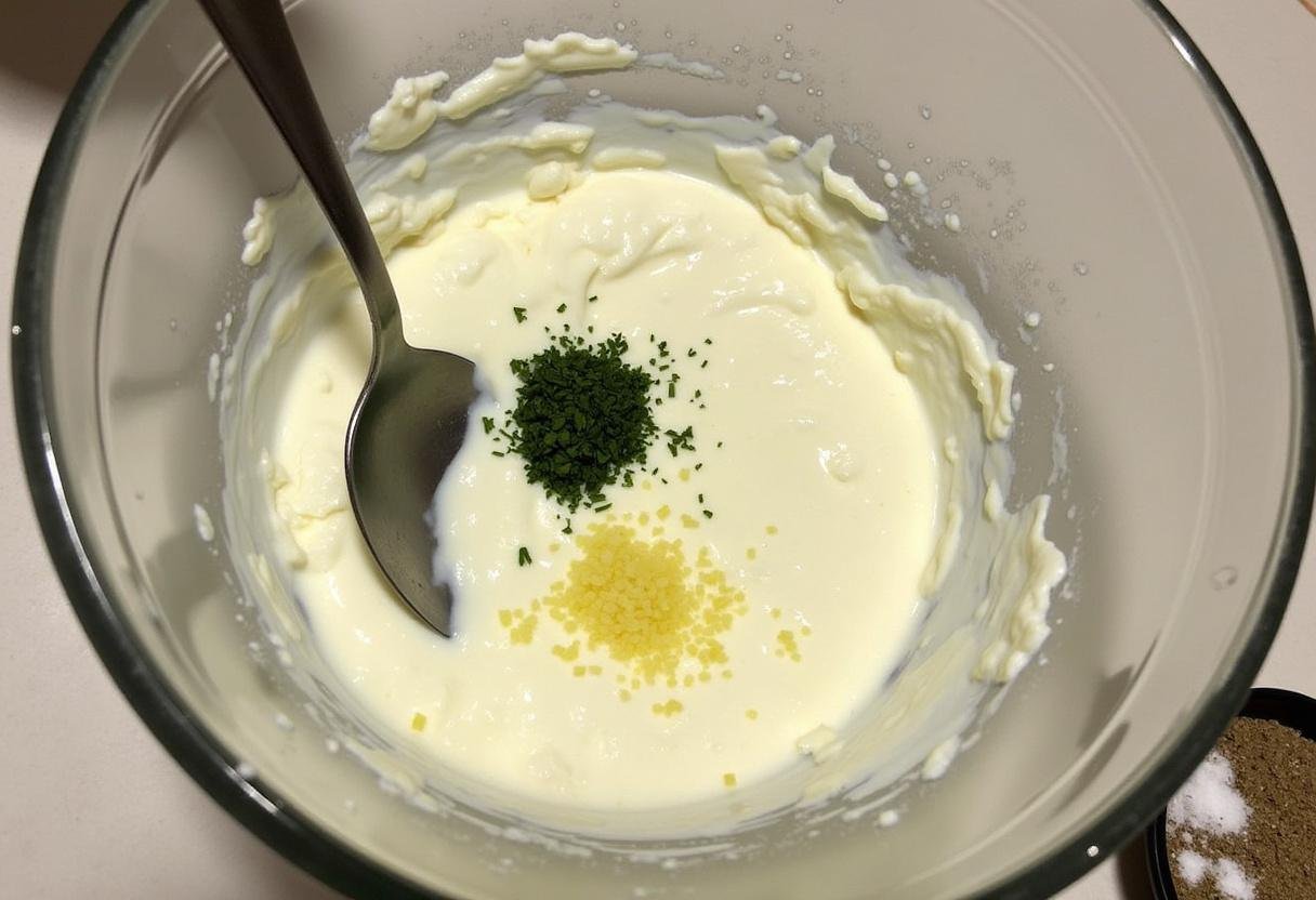 Mélange de fromage ail et fines herbes dans un bol avec des herbes fraîches ajoutées.