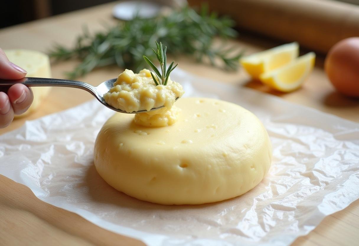 Préparation de fromage ail et fines herbes dans du film plastique pour former un rouleau.