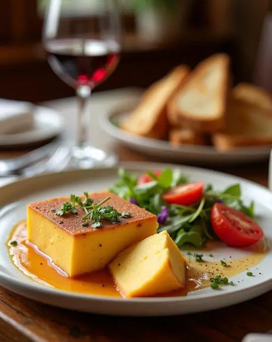 Présentation finale du fromage Coulommiers, accompagnée de pain grillé et d'une salade colorée dans un cadre de salle à manger bien éclairé.