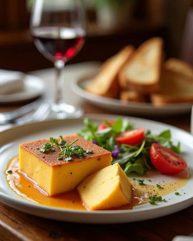 Présentation finale du fromage Coulommiers, accompagnée de pain grillé et d'une salade colorée dans un cadre de salle à manger bien éclairé.