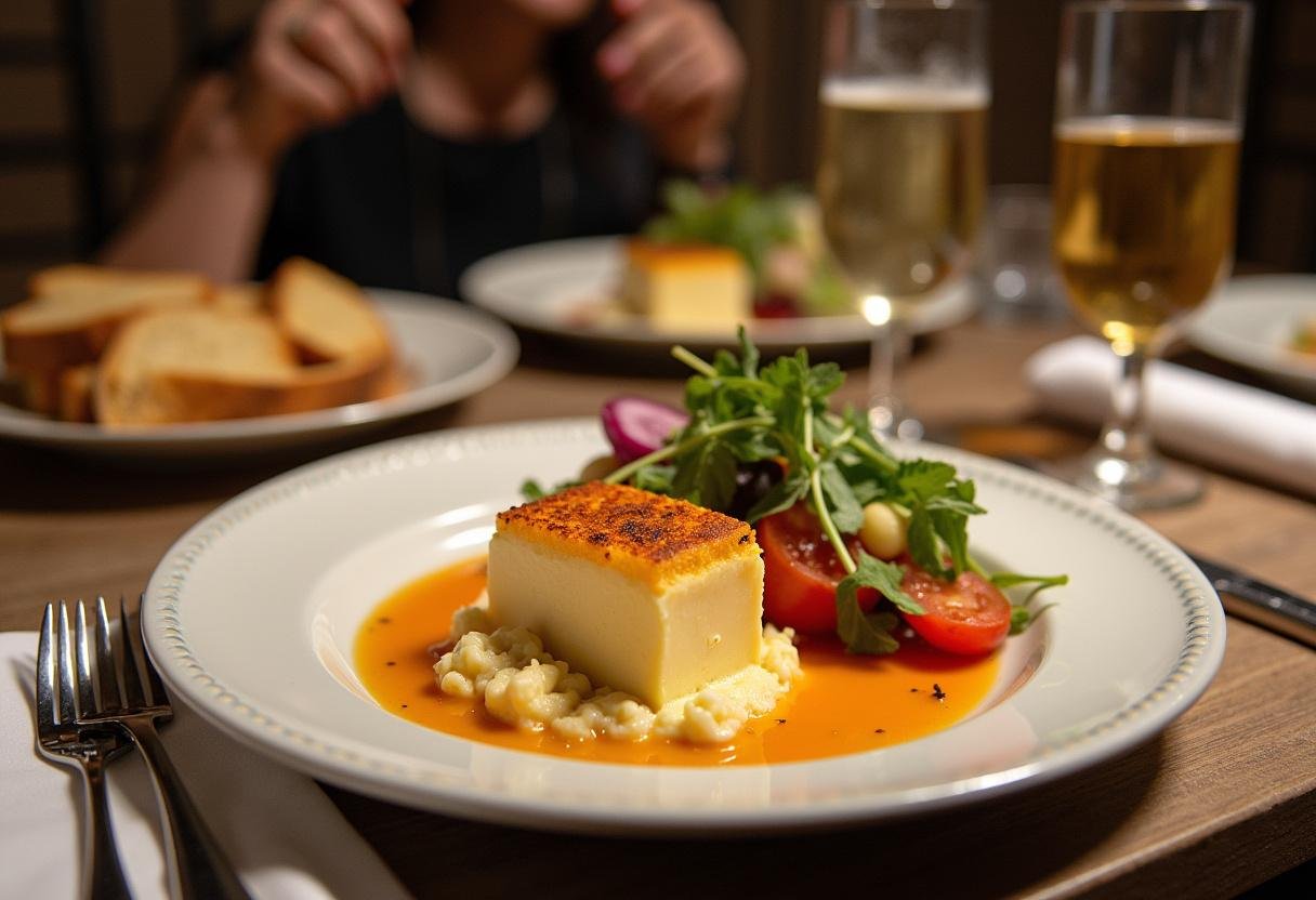 Présentation finale du fromage Coulommiers, accompagnée de pain grillé et d'une salade colorée dans un cadre de salle à manger bien éclairé.