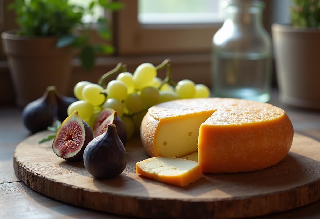 Fromage Coulommiers sur une planche à découper en bois, accompagné de fruits frais comme des raisins et des figues dans une cuisine chaleureuse.