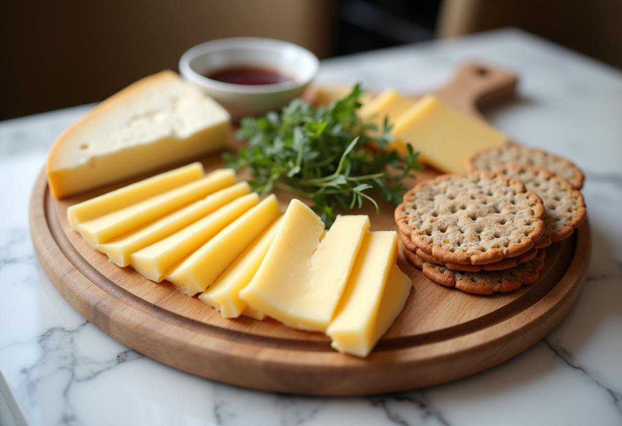 Plateau de fromage avec Coulommiers tranché, craquelins artisanaux et herbes fraîches sur une table en marbre.