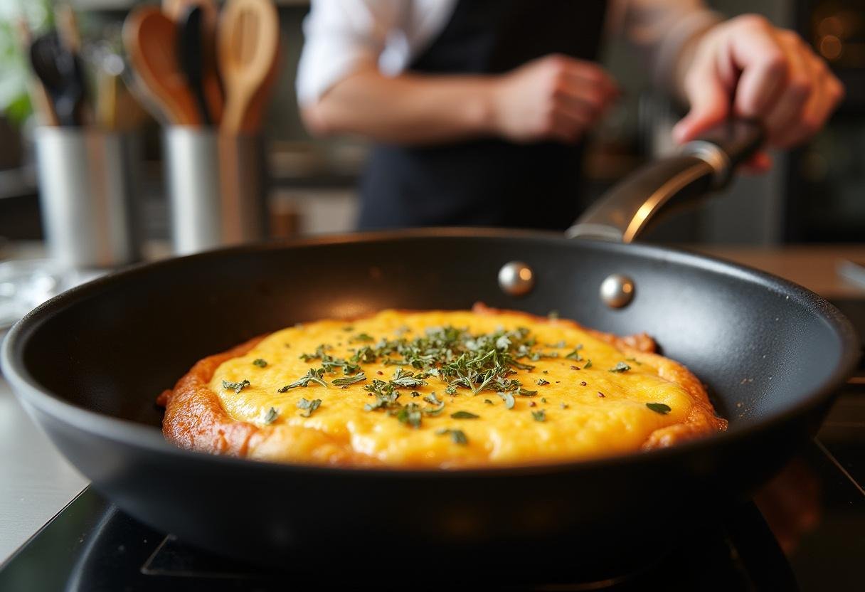 Fromage Coulommiers en train de fondre dans une poêle, avec des herbes aromatiques, dans une cuisine bien rangée.