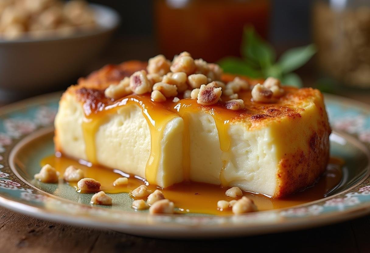 Fromage Coulommiers cuit avec miel et noix écrasées sur une assiette décorative dans une cuisine rustique.